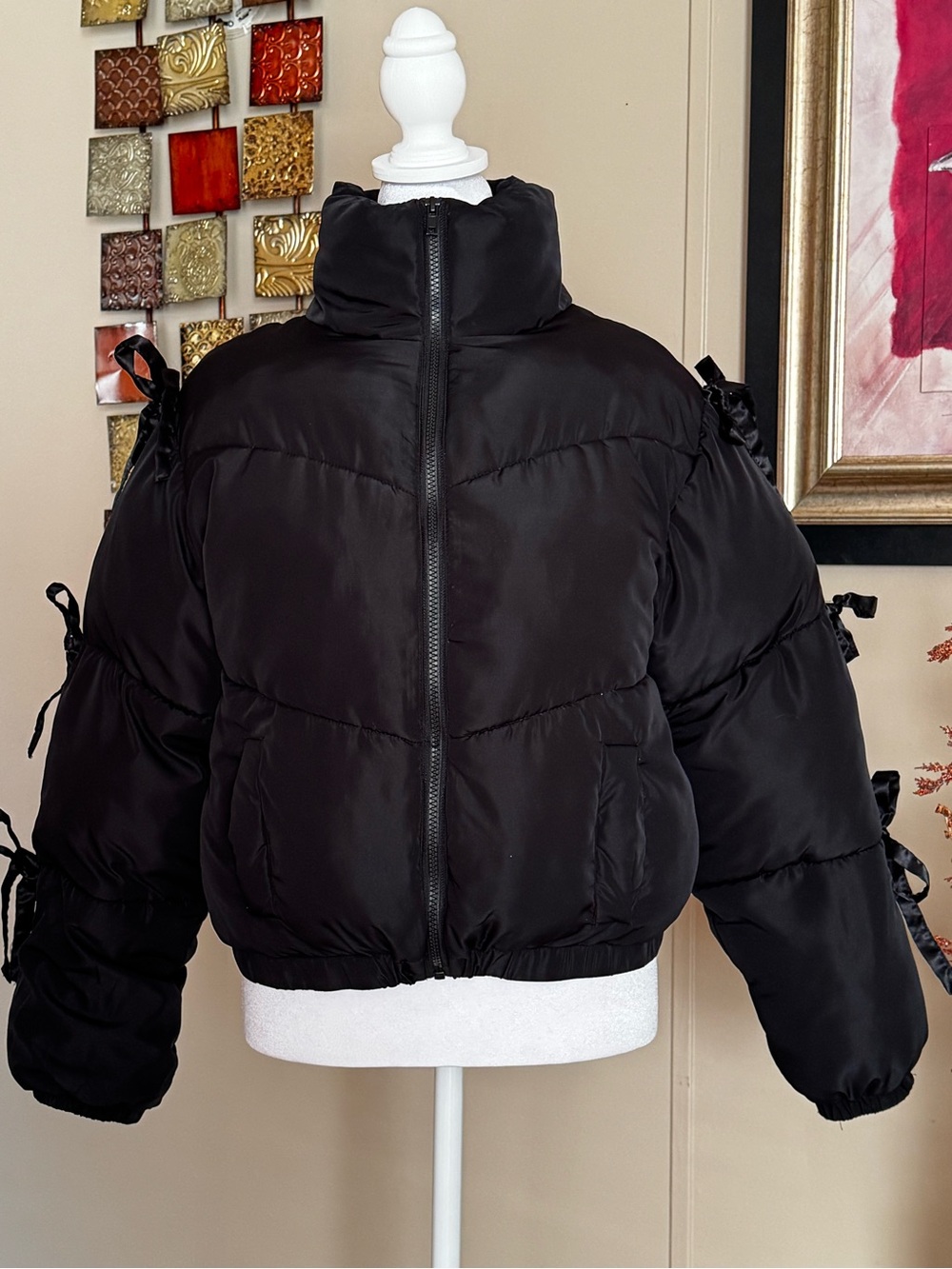Madden Girl Black Cropped Puffer Jacket with High Stand Collar
